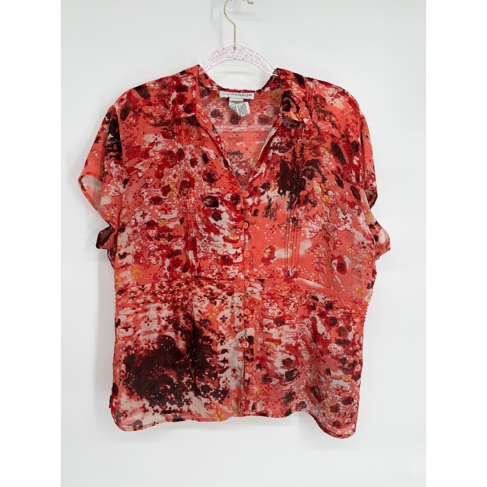 Sag Harbor Sheer Blouse Abstract Print Button Down Top Career Casual 18